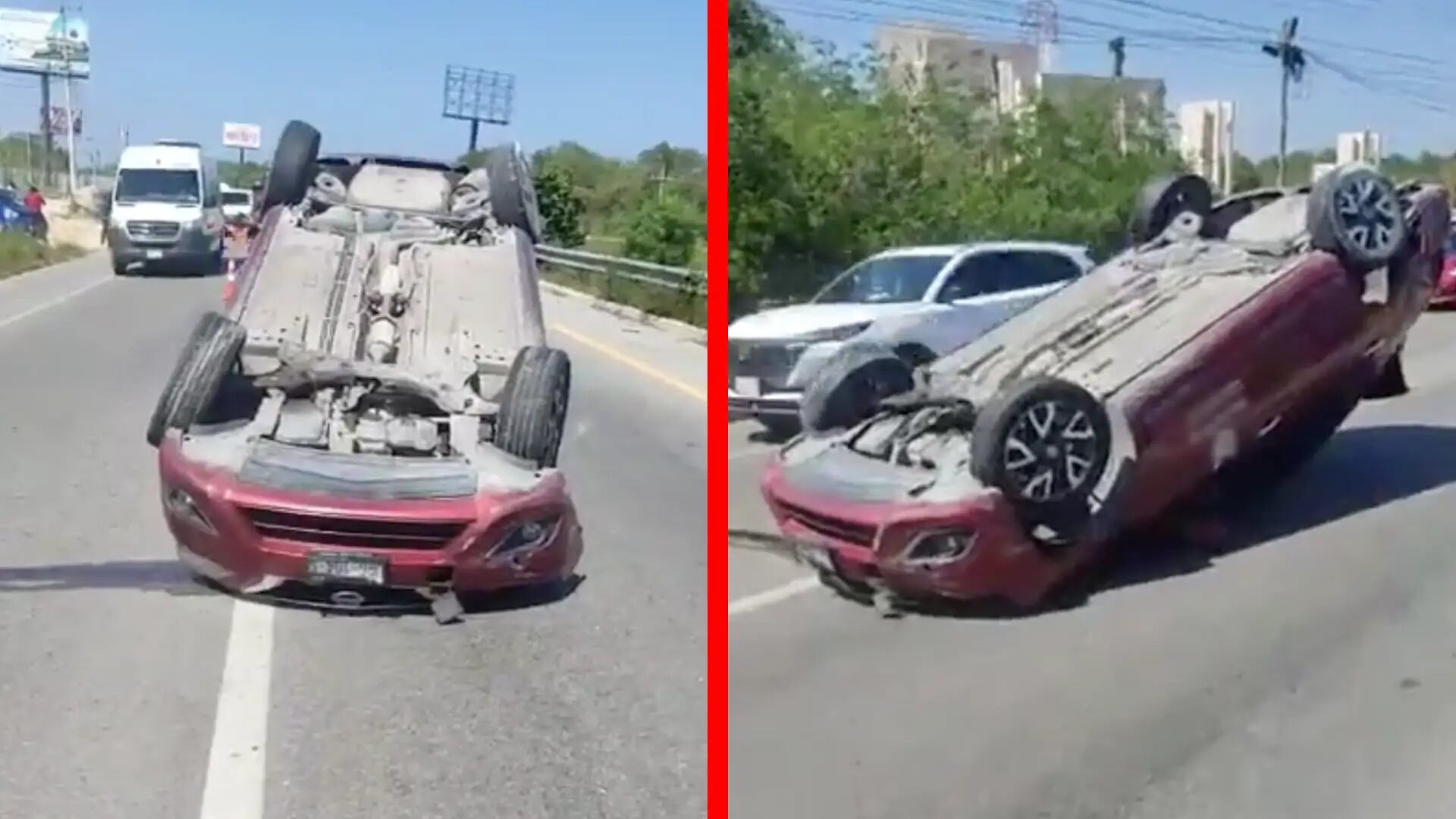Vehículo termina volcado en la carretera federal 307 a la altura de Punta Maroma HOY: Se registra tráfico pesado