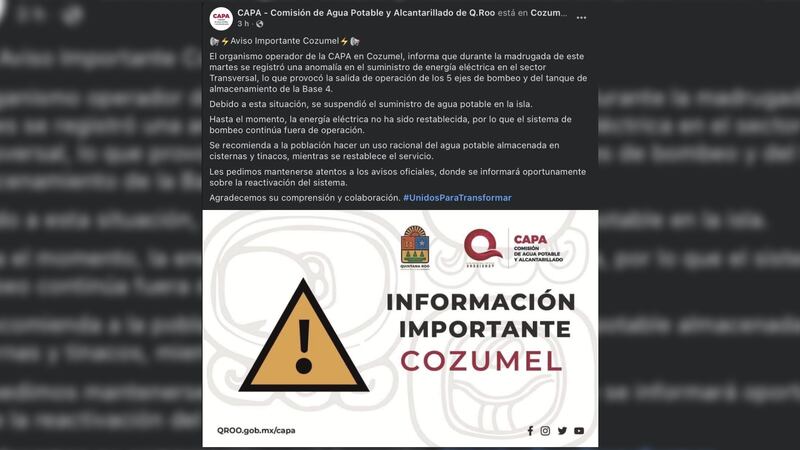Corte agua Cozumel hoy 17 de marzo.webp