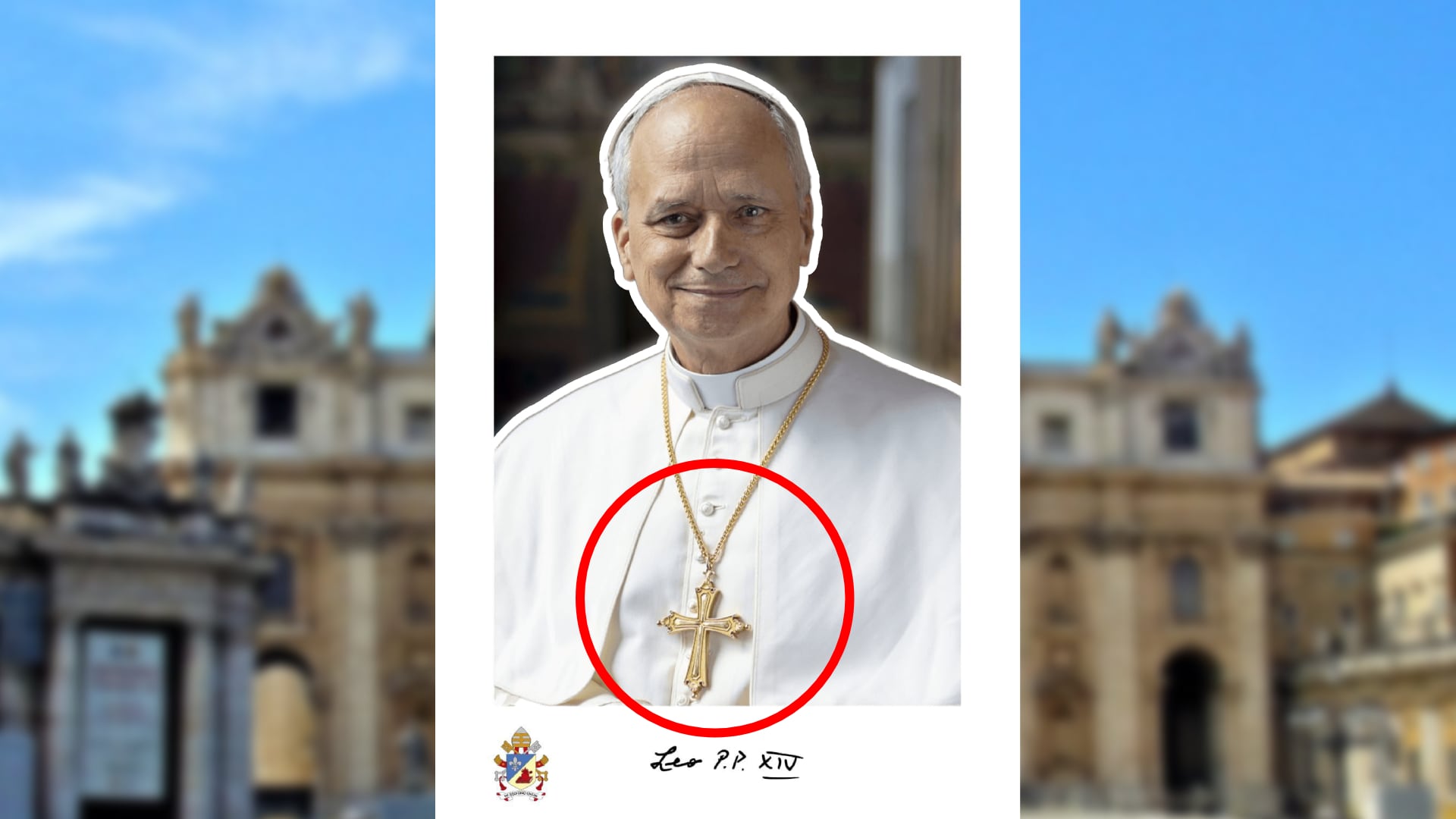 Foto oficial del Papa León XIV_ Cruz relicario con restos de santos y otros elementos que porta el pontífice.jpg