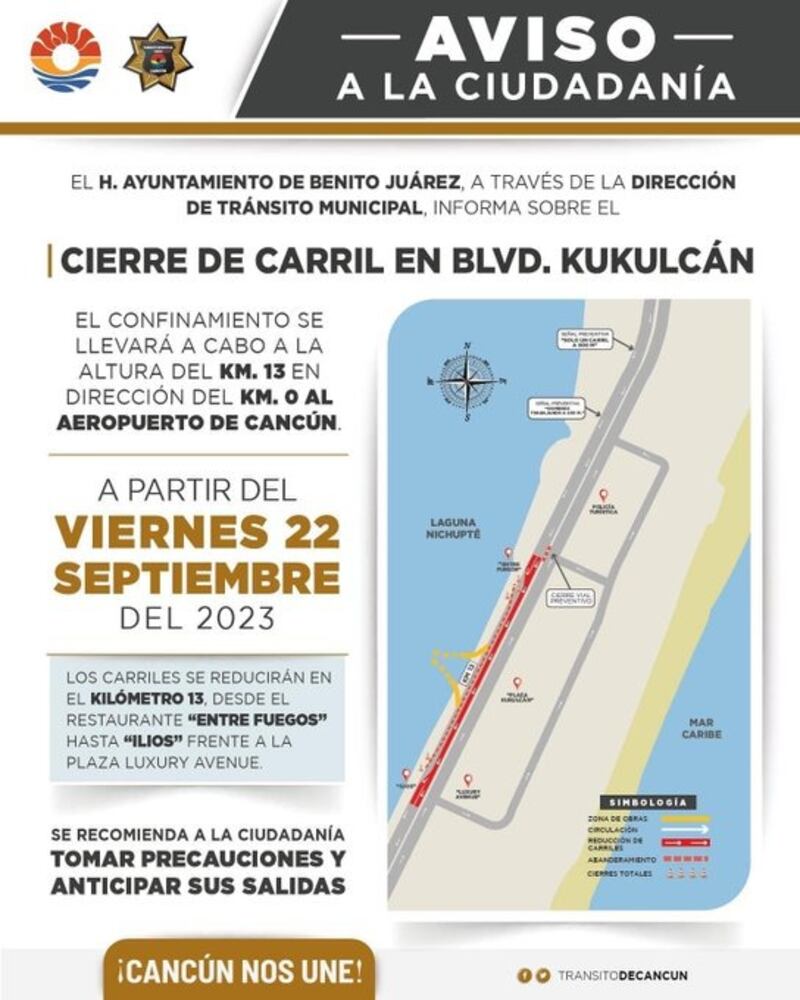 Cierre de carril en el Boulevard Kukulcán en Cancún