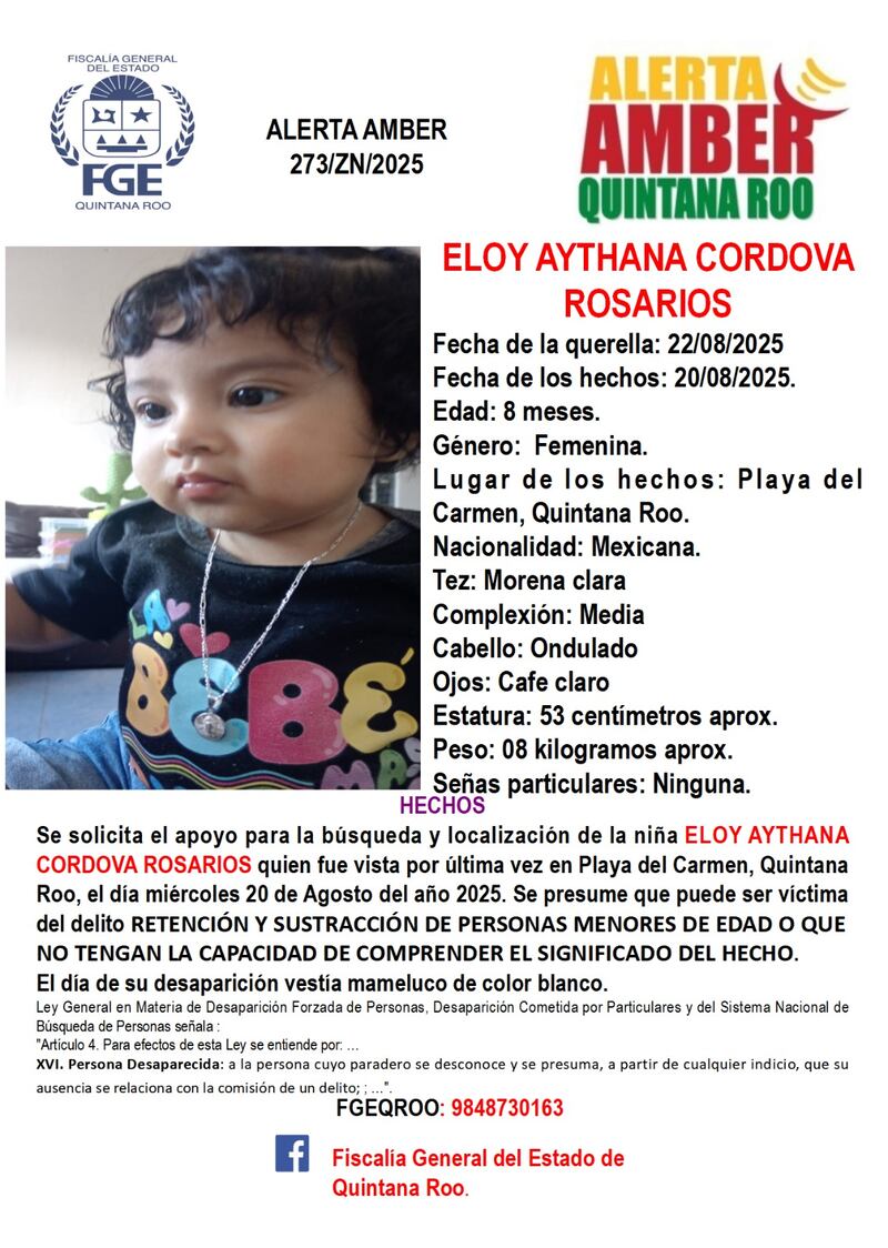 Buscan a Eloy Aythana Córdova Rosarios, bebé de 8 meses desaparecida en Playa del Carmen